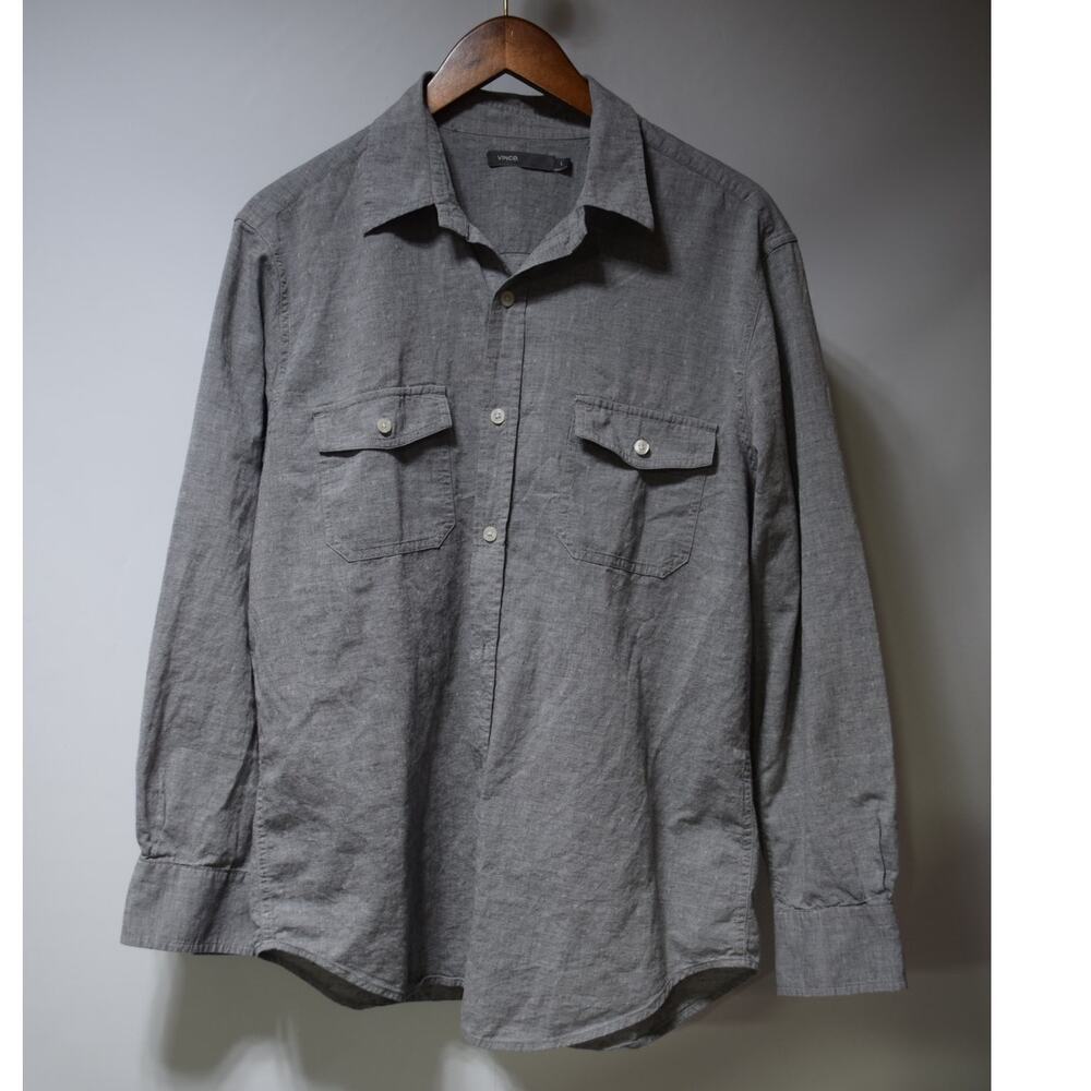 Vince Gray Chambray Linen Blend Utility Button Front Shirt Men's Large